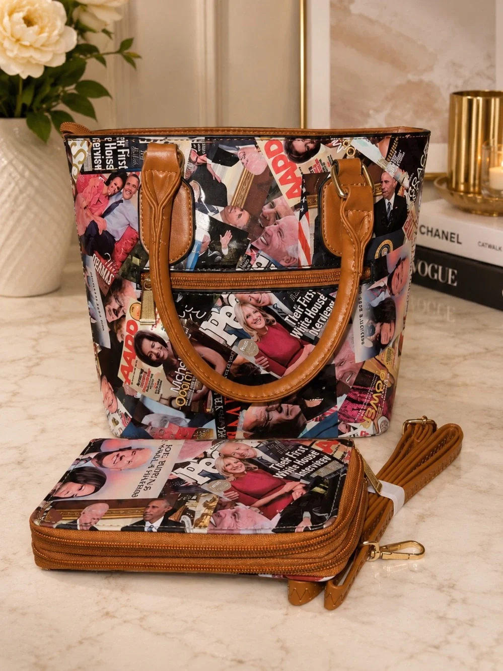 Statement Magazine Print Tote & Matching Wallet Set